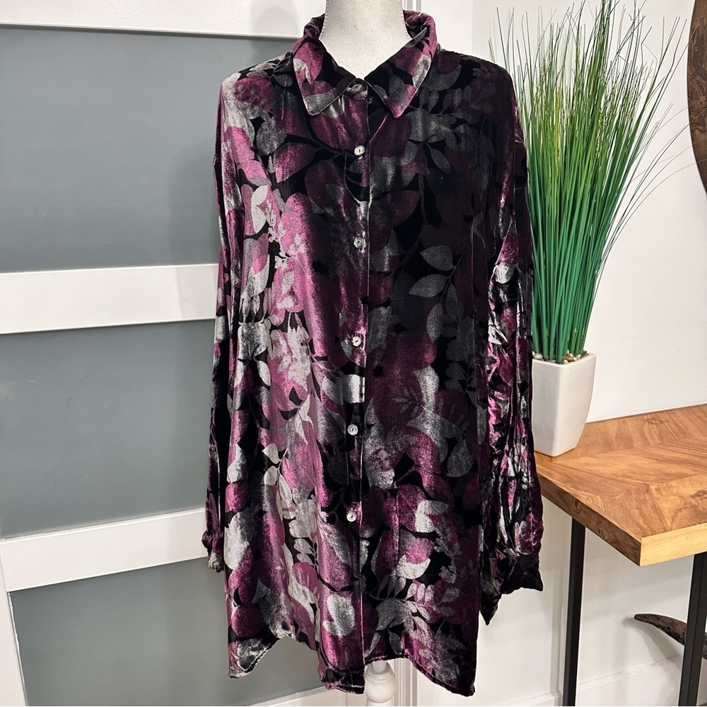 DENIM & CO Floral Velvet Button Up Tunic SZ 3X Purple BLK Whimsigoth Holiday GUC